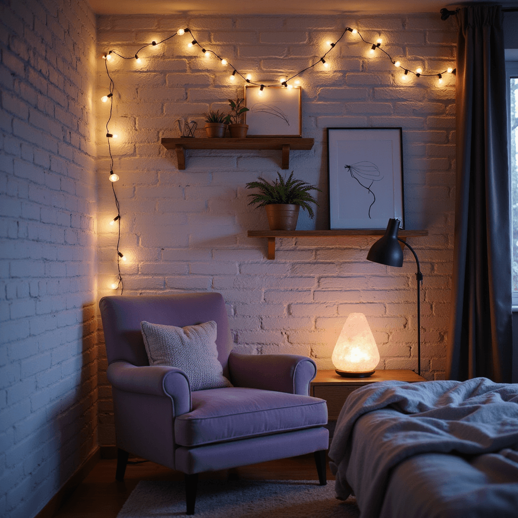 Cute Bedroom Ideas: Transform Your Space into a Dreamy Retreat Intimate bedroom scene featuring warm fairy lights on a white brick wall, a plush lavender velvet chair in a cozy reading nook with a modern floor lamp, and a Himalayan salt lamp casting a soft pink glow on minimalist shelves with line art and potted plants.