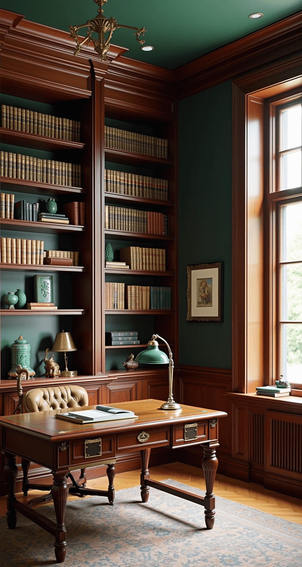 Transform Your Space: The Ultimate Guide to Creating Stunning Built-In Bookcases A traditional home office featuring a built-in bookcase with rich mahogany shelving, surrounded by hunter green walls and illuminated by mid-morning natural light from tall windows, showcasing leather-bound books and elegant accessories, with a classical desk at the center and herringbone hardwood floors.