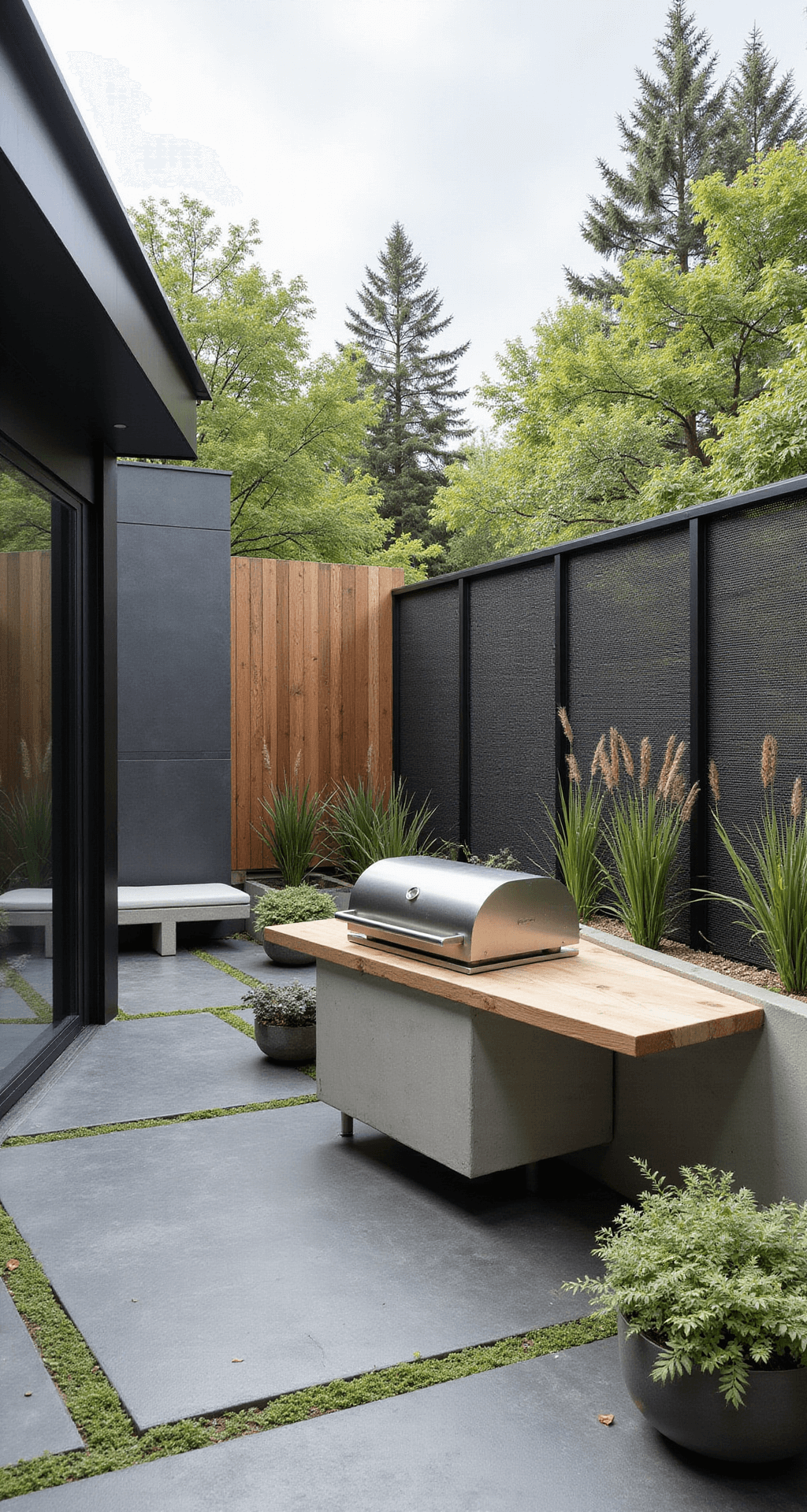 Ultimate Patio BBQ Area Design: Transform Your Outdoor Cooking Space A contemporary Zen BBQ garden featuring a minimalist 12x18ft space with a floating concrete prep station, large-format slate tiles, low-profile charcoal mesh seating, steel and glass wind screens, and sculptural planters with tall grasses, captured from a low angle to highlight clean lines and natural elements.