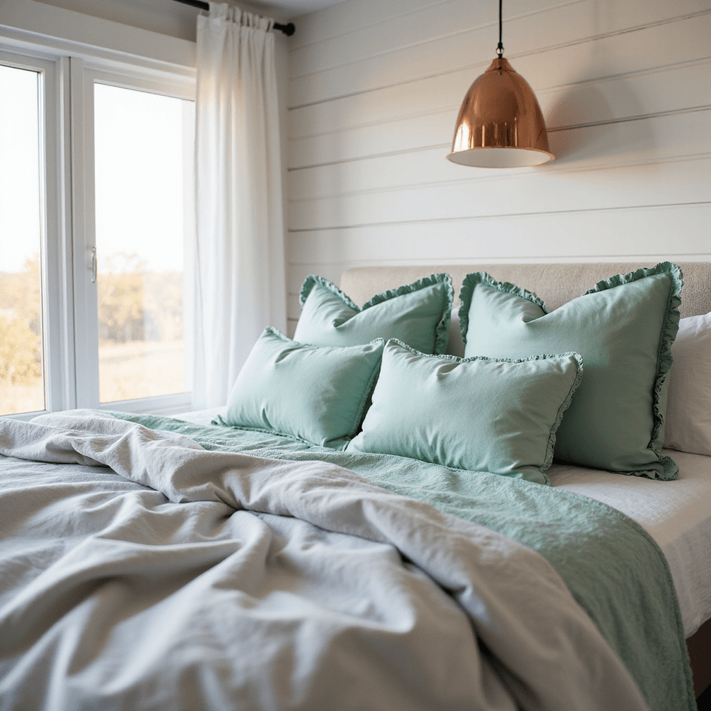 Cute Bedroom Ideas: Transform Your Space into a Dreamy Retreat A bright corner bedroom featuring a cloud-like bed adorned with mint green and light gray pillows, a copper pendant light overhead, and textured white shiplap walls, captured during golden hour from an elevated angle.