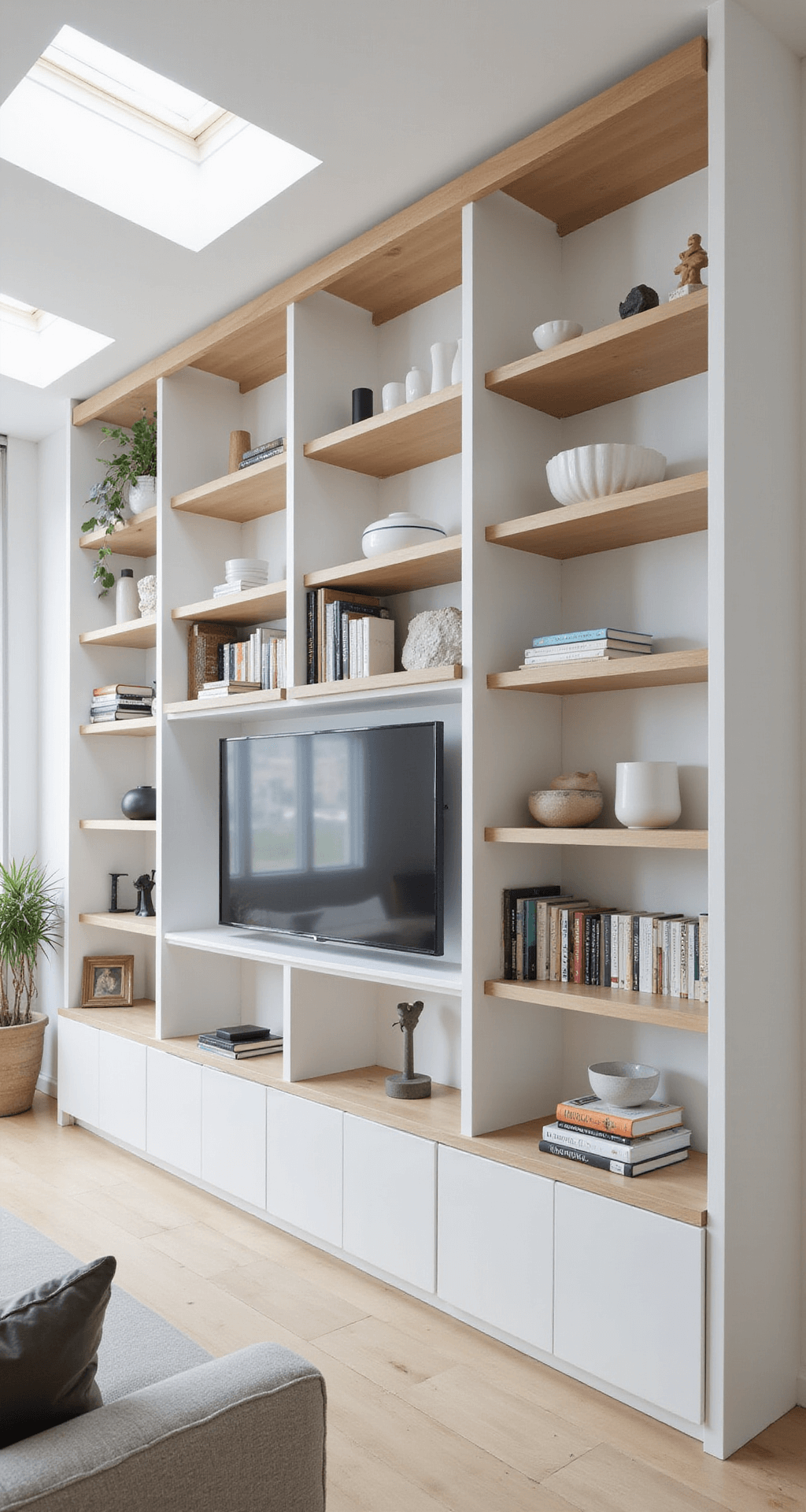 Transform Your Space: The Ultimate Guide to Creating Stunning Built-In Bookcases Contemporary Scandinavian-style living room featuring a 16ft floating built-in bookcase with blonde wood shelving, displaying white ceramics and art books under overcast daylight from skylights, soft white walls, and pale oak floors.