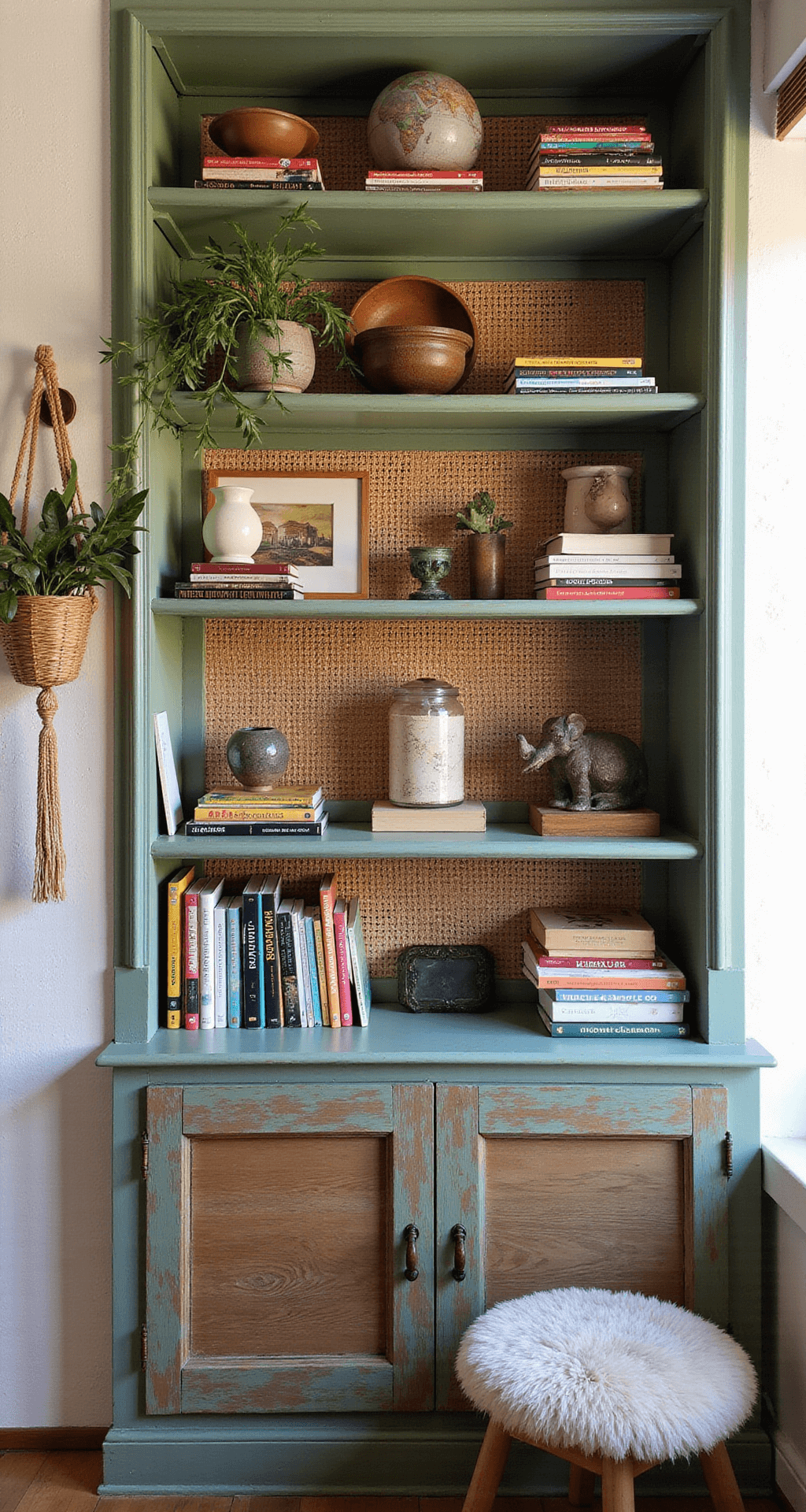 Transform Your Space: The Ultimate Guide to Creating Stunning Built-In Bookcases Bohemian-eclectic built-in bookcase in an artist's studio with sage green shelving, featuring colorful art books, global artifacts, hanging plants, and macramé accents, illuminated by warm late afternoon light and string lights.