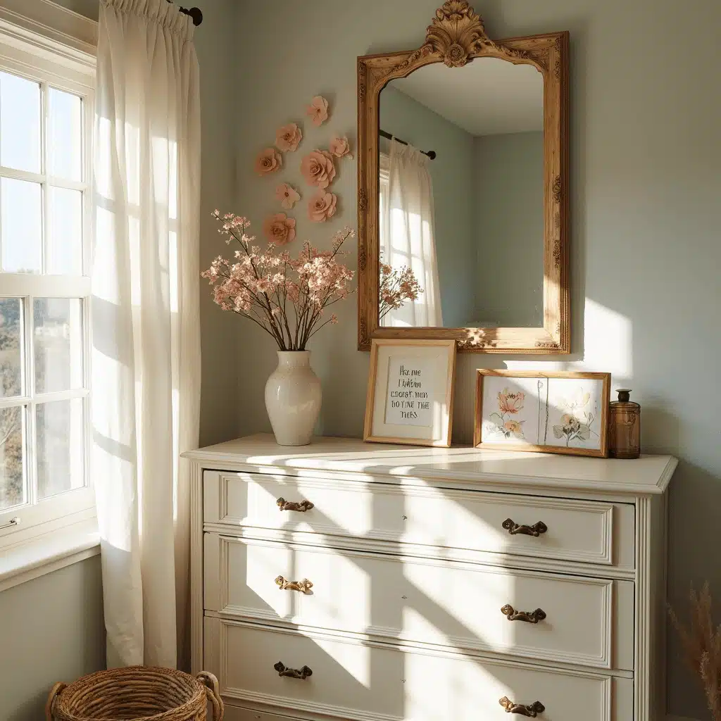 Cute Bedroom Ideas: Transform Your Space into a Dreamy Retreat A cozy bedroom corner featuring a vintage dresser in soft cream with brass hardware, adorned with thrifted frames of pressed flowers and quotes, delicate blush paper flowers hanging above, and a large weathered gold mirror reflecting light, all captured in soft afternoon light.