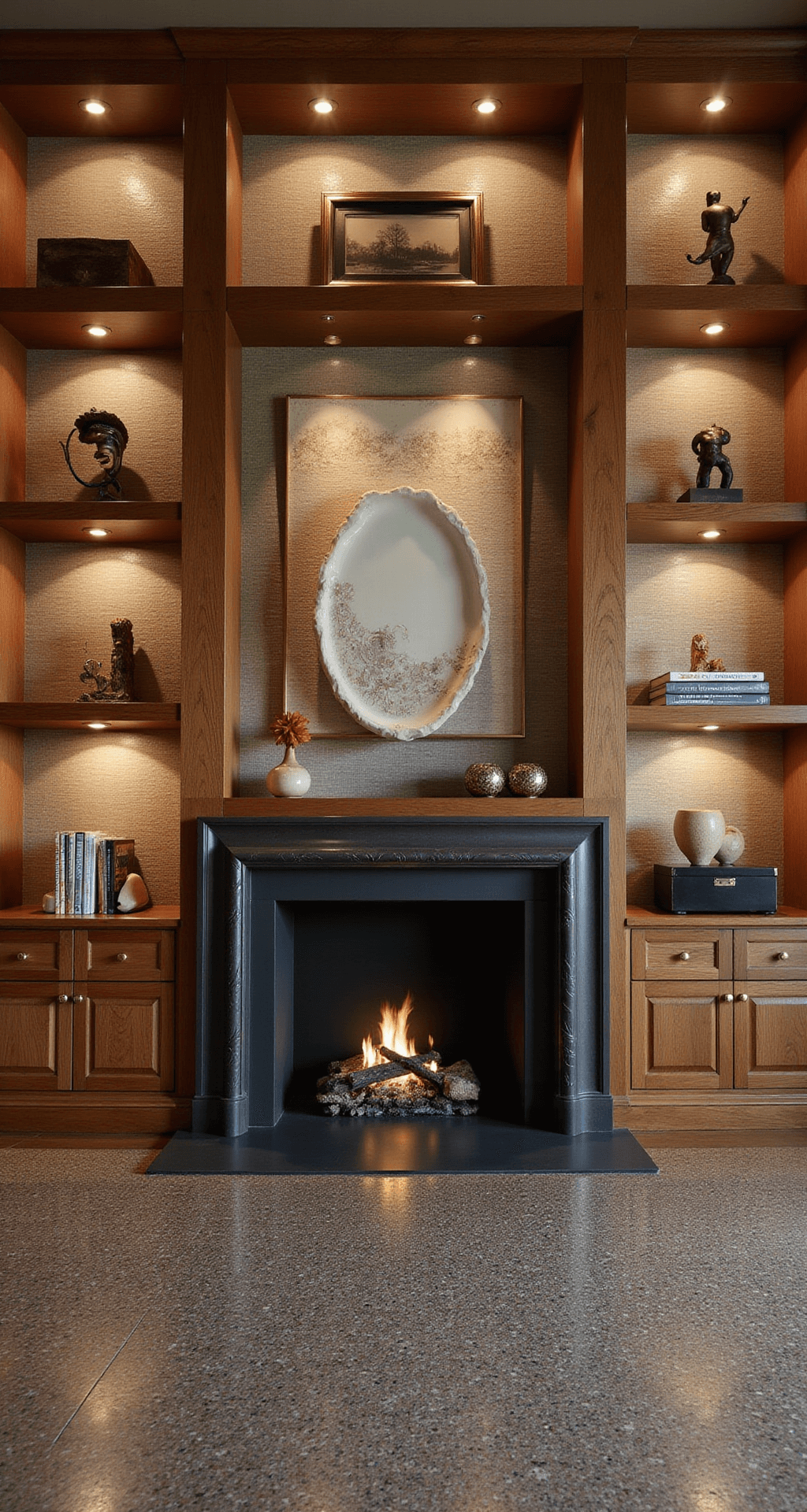 Transform Your Space: The Ultimate Guide to Creating Stunning Built-In Bookcases A symmetrical view of a mid-century modern great room featuring a built-in walnut bookcase with brass inlays on either side of a fireplace, illuminated by twilight lighting. The room's design includes vintage collections, abstract sculptures, and record storage, set against textured grasscloth wallpaper and terrazzo flooring, with ambient architectural up-lighting and the glow of the fire enhancing the cozy atmosphere.