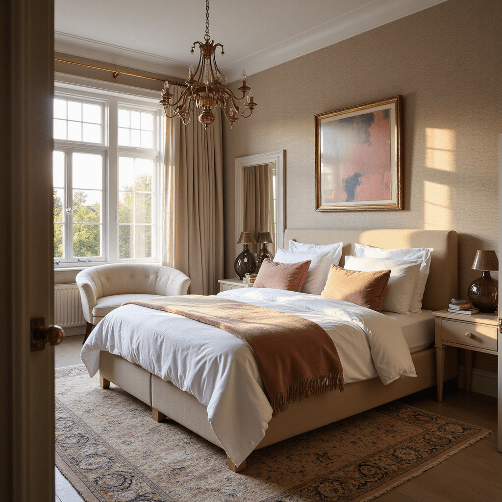 Grown Woman Bedroom: Elevate Your Personal Sanctuary A luxurious primary bedroom featuring a king-size bed with white Egyptian cotton sheets and a dusty rose velvet duvet, illuminated by golden hour sunlight. The room has a chic brass chandelier, textured grasscloth wallpaper, and bleached oak side tables with smoky glass lamps. A curved cream bouclé chair, abstract art in blush and navy, and a vintage Persian rug add subtle glamour, all captured from a low angle through the doorway, showcasing a glimpse of an adjoining seating area.