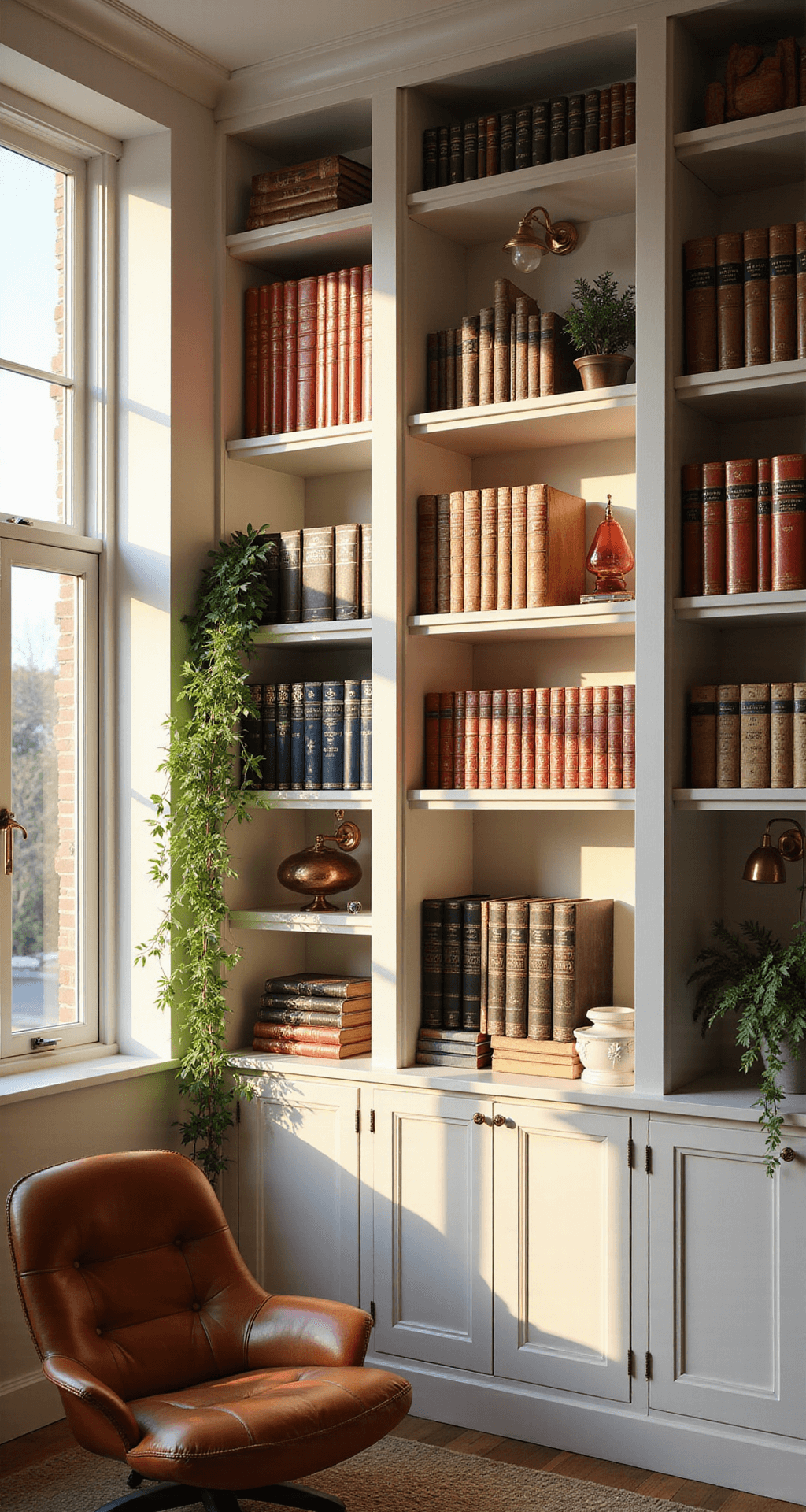 Bookcase Decor: Transform Your Shelves into a Stunning Design Statement A sunlit home library featuring floor-to-ceiling white built-in bookshelves, with books arranged in a rainbow gradient. The late afternoon light streams through tall windows, illuminating a cognac leather reading chair and brass floor lamp in the foreground. Vintage sconces add warmth, while trailing plants and artistic bookends enhance the cozy atmosphere. The color palette includes cream, woodland greens, rich browns, and jewel tones.
