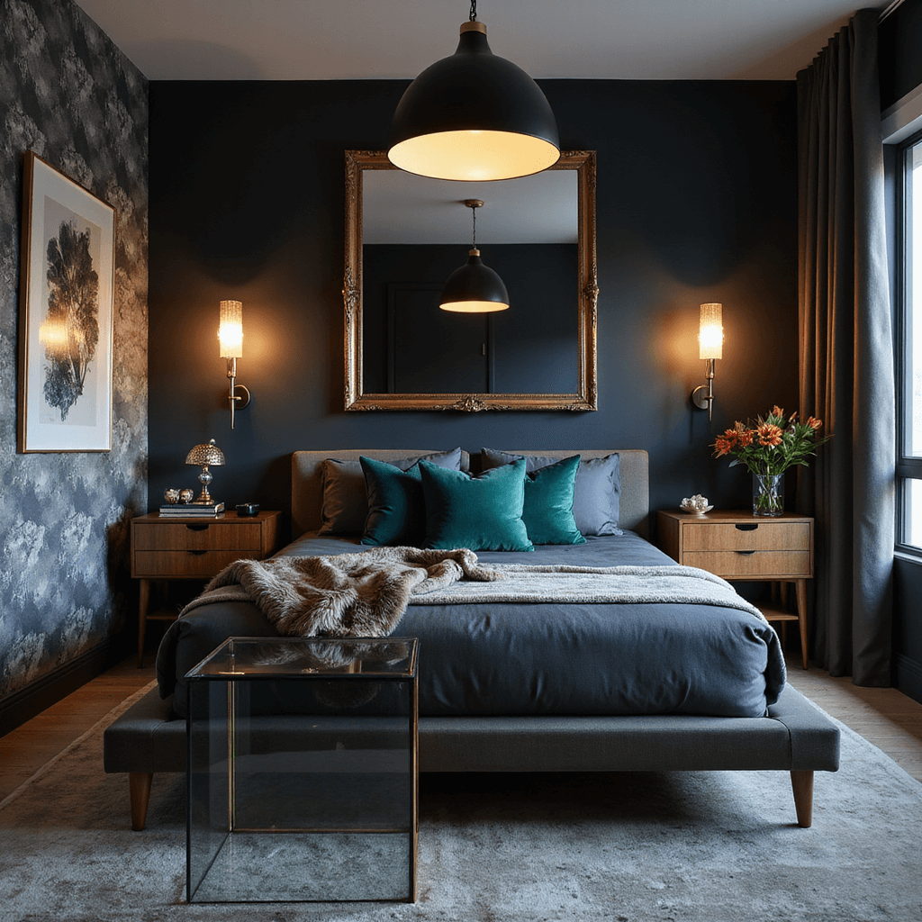 Grown Woman Bedroom: Elevate Your Personal Sanctuary Sophisticated boudoir featuring mid-century modern and Hollywood glam elements, captured during blue hour with dramatic lighting from a black and brass pendant light, showcasing a platform bed dressed in charcoal linen and jade velvet pillows, an oversized antiqued mirror, walnut veneer nightstands, modern sconces, geometric wallpaper, and a glass and brass vanity vignette.