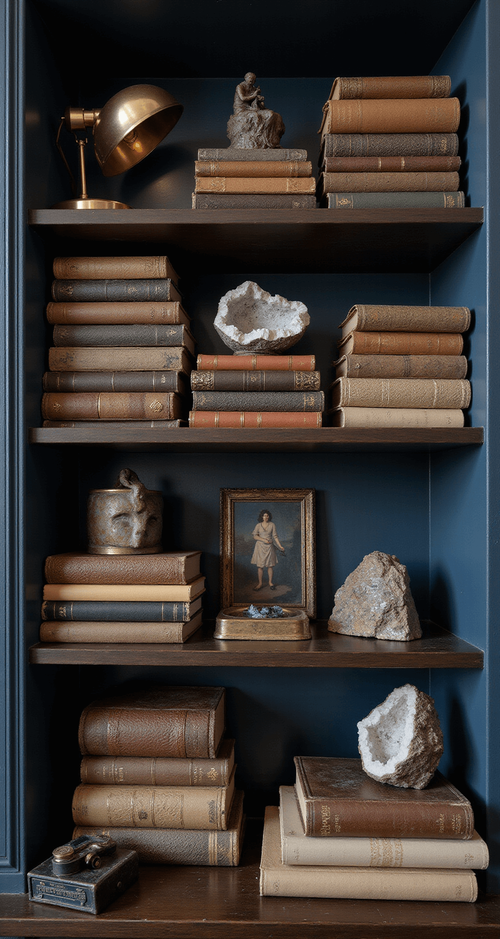 Bookcase Decor: Transform Your Shelves into a Stunning Design Statement Intimate study corner featuring a moody bookshelf vignette with art books, bronze sculptures, and geodes, illuminated by a vintage desk lamp. The scene showcases detailed styling with copper bookends, oil paintings, and vintage cameras against deep navy walls, highlighting rich textures and a warm color palette.