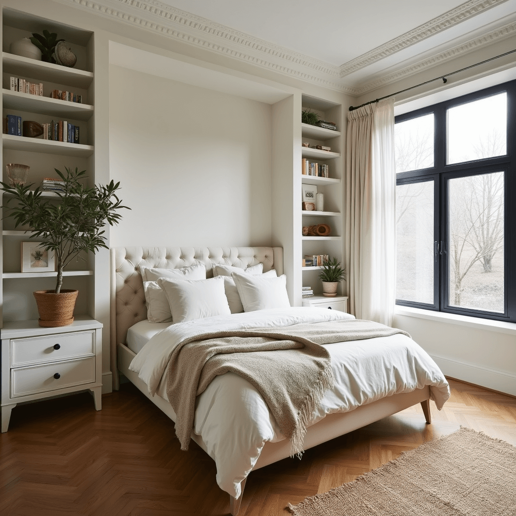 Grown Woman Bedroom: Elevate Your Personal Sanctuary A high-angle shot of a minimalist sanctuary featuring crown molding and herringbone floors, with a cloud-like bed ensemble in ivory and cream, organic linens, and cashmere throws. Built-in warm white bookshelves frame a tufted headboard, while a potted olive tree adds an organic touch. Black-framed windows contrast against the light walls, and a handwoven jute rug adds natural texture.