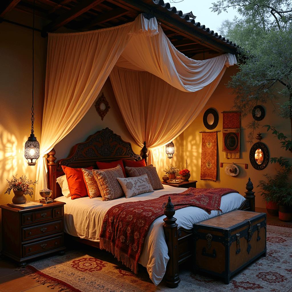 Grown Woman Bedroom: Elevate Your Personal Sanctuary A Bohemian luxe retreat at dusk showcasing a draped fabric canopy over a carved wooden bed, adorned with a vintage Moroccan wedding blanket, silk pillows in jewel tones, and embroidered throws. Pendant lights with pierced metalwork create intricate shadows, while a gallery wall displays global textiles and mirrors. A vintage trunk serves as a nightstand, styled with brass objects and trailing plants.
