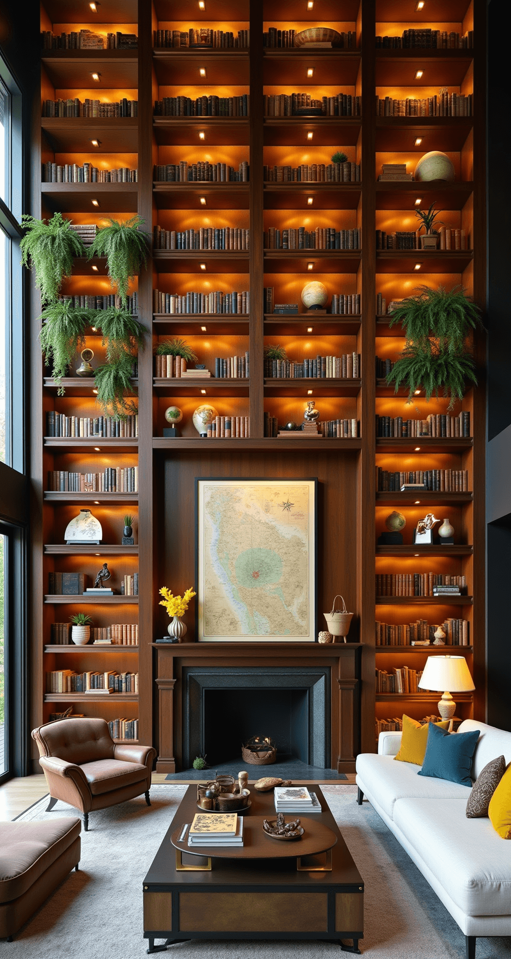 Bookcase Decor: Transform Your Shelves into a Stunning Design Statement A dramatic double-height great room featuring a 16ft statement bookshelf wall, illuminated by golden hour lighting and hidden LED shelf lighting. The image captures alternating vertical and horizontal book arrangements, oversized art pieces, and global artifacts, all styled with vintage maps, cascading hanging plants, and collected curiosities. The scene showcases rich mahogany shelving, aged brass hardware, and textural baskets, set against a color palette of deep wood tones, aged paper yellows, botanical greens, and terra cotta accents.