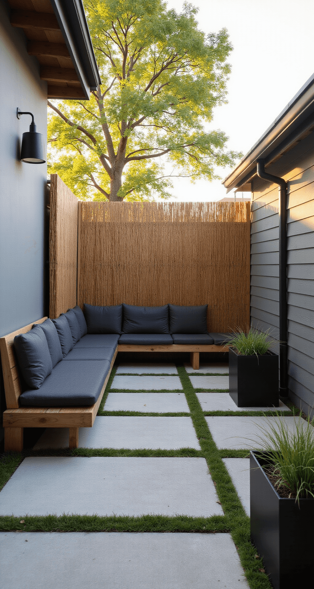 Japandi Patio Ideas: Transform Your Outdoor Space into a Serene Sanctuary A tranquil Japandi-style patio at golden hour, featuring a weathered teak L-shaped bench with charcoal cushions, natural stone flooring, and a Japanese maple tree. The scene is framed by bamboo privacy screens, minimalist black metal lanterns, and ornamental grasses in matte black planters, creating a harmonious blend of warm grays, natural wood tones, and sage green.