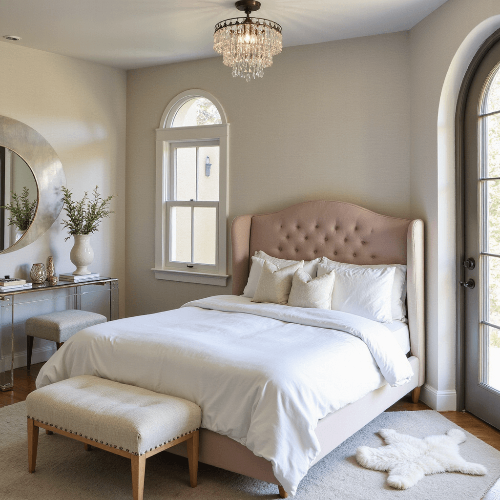Grown Woman Bedroom: Elevate Your Personal Sanctuary A contemporary feminine haven featuring an arched doorway, round mirror, and barrel chair, illuminated by diffused afternoon light. A bed with a cloud-like white duvet and blush velvet headboard sits against textured pearl grasscloth wallpaper, while a crystal chandelier sparkles above. A Lucite console serves as a vanity, adorned with sculptural objects and fresh flowers, complemented by a soft sheepskin rug on the floor.