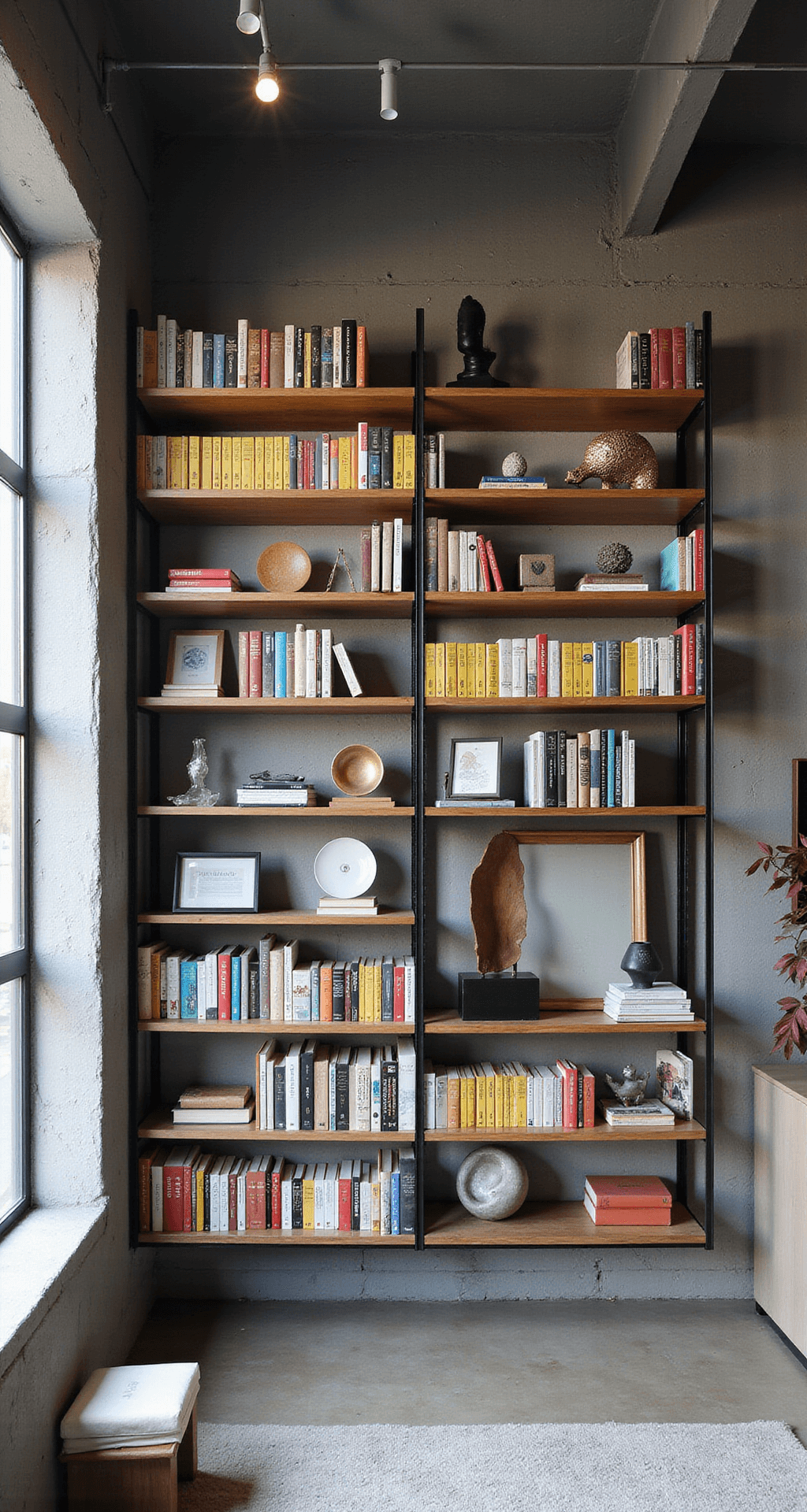 Bookcase Decor: Transform Your Shelves into a Stunning Design Statement Contemporary loft-style interior featuring a floating bookshelf installation, showcasing an asymmetrical arrangement of color-blocked books and modern sculptures, illuminated by natural light and track lighting, against a backdrop of blackened steel and polished concrete.