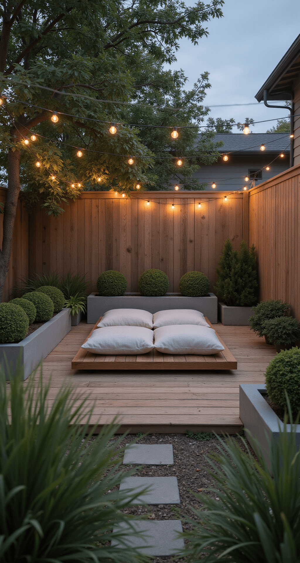Japandi Patio Ideas: Transform Your Outdoor Space into a Serene Sanctuary Intimate Japandi-inspired patio nook at dusk featuring a floating wooden platform with oatmeal linen zabuton cushions, surrounded by boxwood spheres in concrete planters and adorned with delicate string lights overhead. The scene includes bleached cedar decking, smooth river stones, and brushed metal accents, all in muted earth tones with deep green touches, viewed through ornamental grasses for added foreground depth.