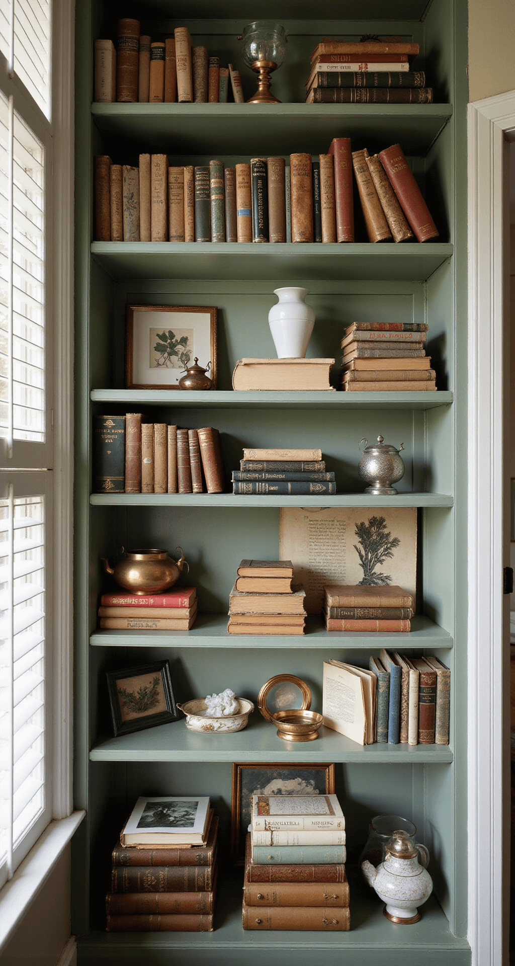 Bookcase Decor: Transform Your Shelves into a Stunning Design Statement Cozy reading nook in an 8x10ft bedroom alcove, featuring a floor-to-ceiling bookshelf filled with vintage books, antique curiosities, and family photos. Soft afternoon light filters through plantation shutters, casting striped shadows. The shelf includes a vintage brass magnifying glass, small framed botanicals, and delicate porcelain objects, all set against sage green shelves and a color palette of faded book spines, antique gold, and creamy whites.