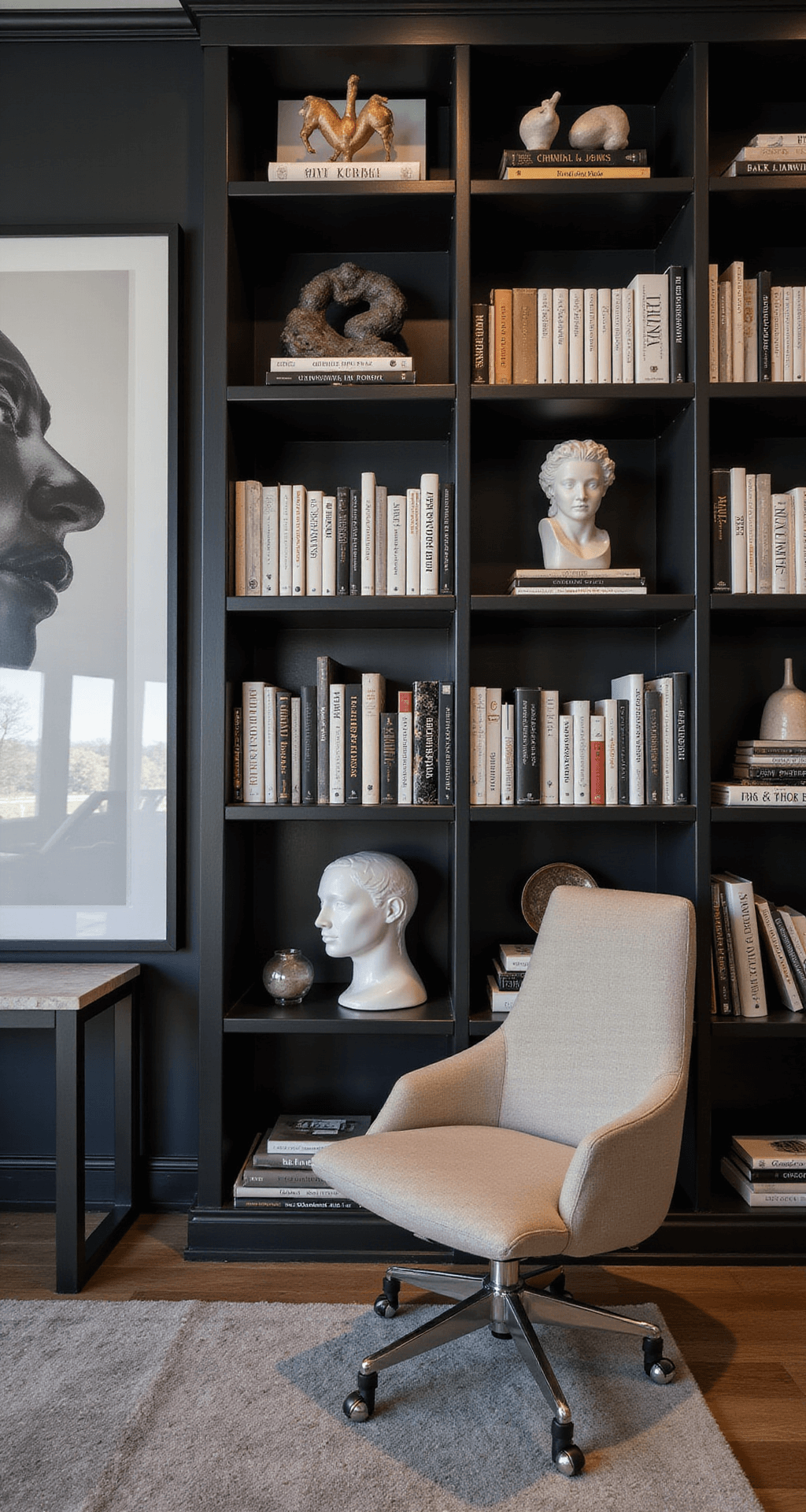 Bookcase Decor: Transform Your Shelves into a Stunning Design Statement A wide-angle view of a modern home office featuring a gallery-style bookcase with matte black metal shelving, arranged with monochromatic books, large-scale black and white photography, and modernist sculptures; dramatic evening lighting highlights the carefully curated collections, complemented by a color palette of stark blacks, bright whites, warm grays, and a bold color accent.