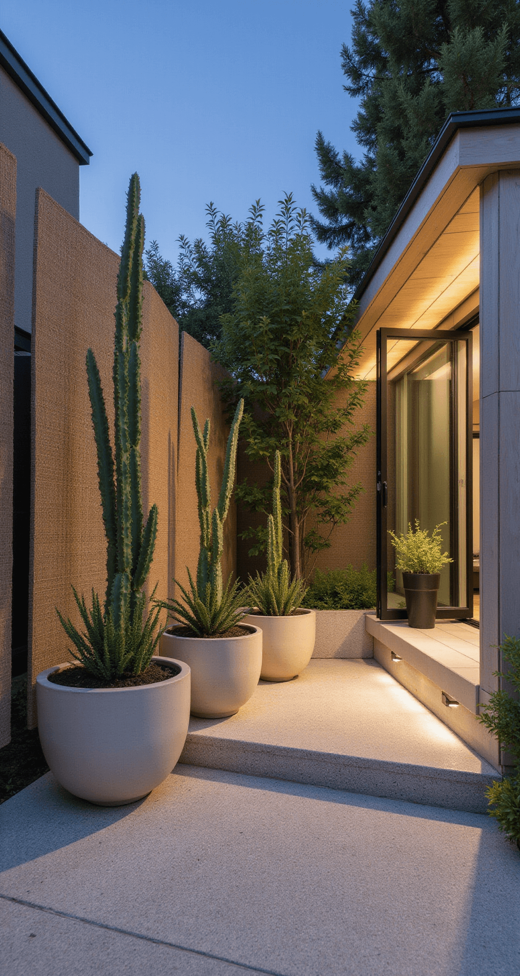 Japandi Patio Ideas: Transform Your Outdoor Space into a Serene Sanctuary Intimate Japandi meditation space during blue hour, featuring built-in wooden platform seating, oversized ceramic planters with snake plants, and subtle uplighting from under-bench LED strips. The design incorporates whitewashed wood, honed granite, and woven bamboo screens, with a color palette of light oak, pale gray, and deep green, emphasizing diagonal lines and layered textures.