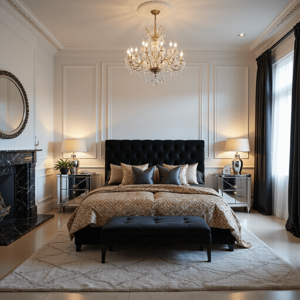 Black and White Bedroom Ideas: Creating a Timeless and Sophisticated Sanctuary Elegant art deco master suite featuring white paneled walls, black marble fireplace, and a grand tufted black velvet headboard, illuminated by evening lighting and a crystal chandelier. The room showcases silk bedding with geometric patterns, mirror-topped nightstands, chrome lighting fixtures, and black lacquered furniture, captured from an elevated angle to emphasize symmetry and dramatic accent lighting.