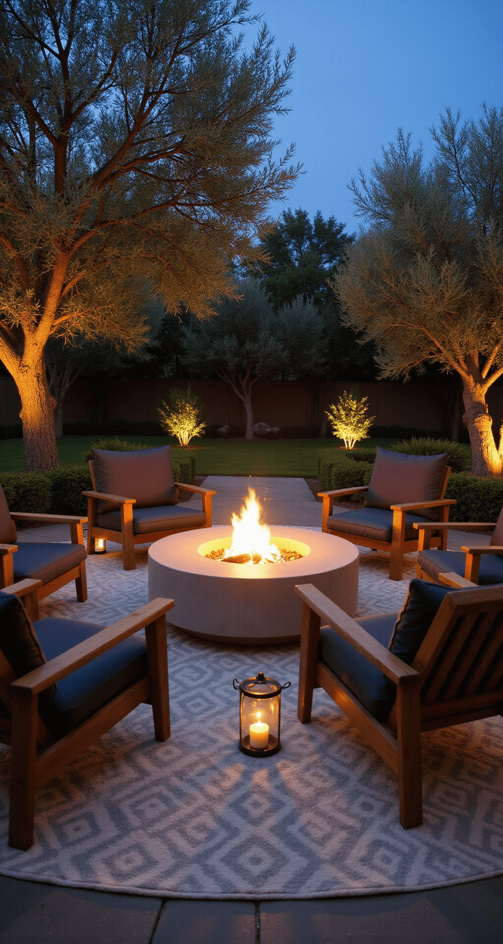 Modern Patio Design: Creating Your Outdoor Sanctuary Low-angle view of an intimate twilight fire pit lounge featuring a modern concrete fire pit surrounded by four low-slung teak chairs with charcoal cushions, set on a geometric ivory and grey rug, illuminated by copper lanterns and uplighting on surrounding olive trees, capturing reflections of the flames.
