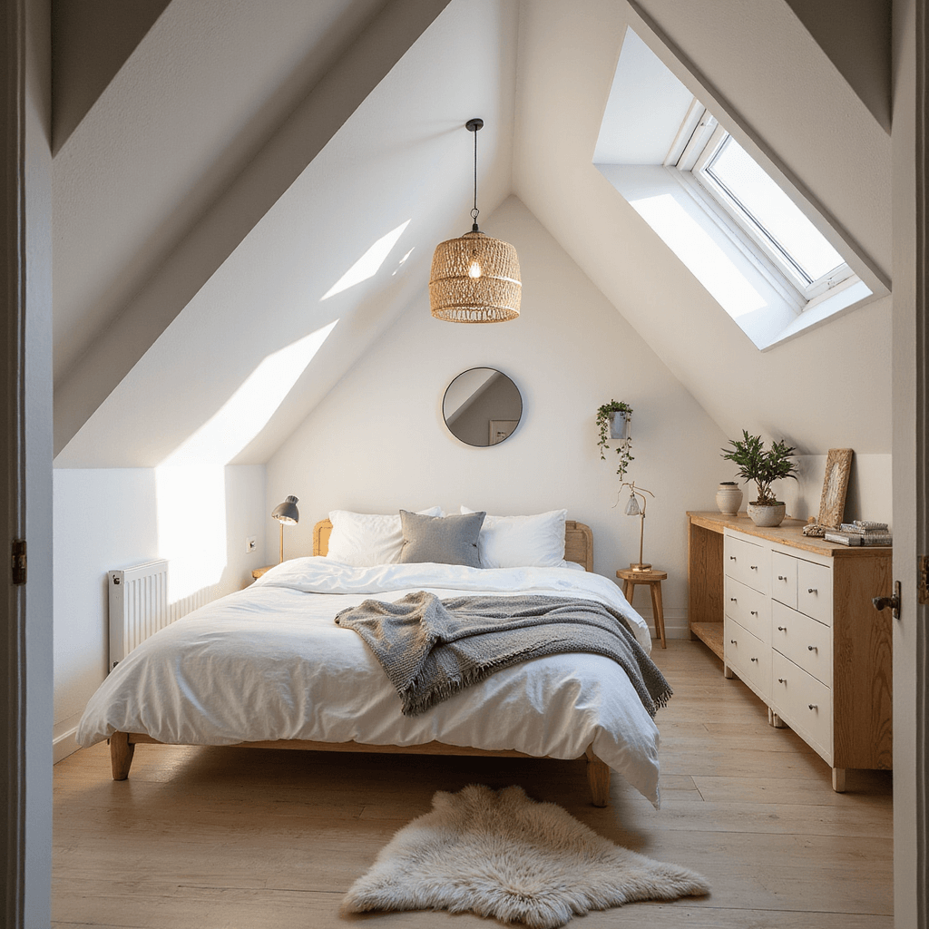 Attic Bedroom Ideas: Transform Your Awkward Space into a Dreamy Retreat A serene attic bedroom with sloped ceilings and a skylight, featuring a queen bed in white linens, built-in oak drawers, a vintage brass mirror, and a rattan pendant light, all bathed in warm golden hour light.