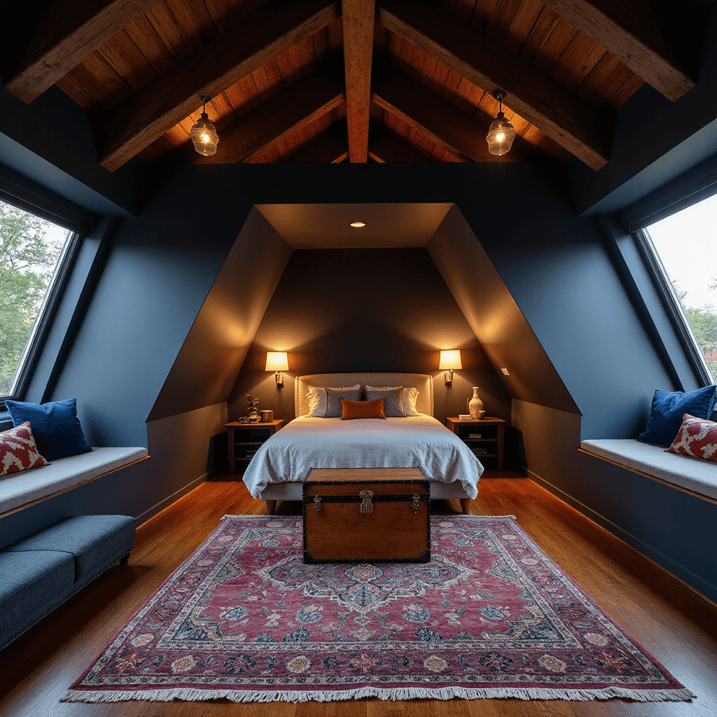 Attic Bedroom Ideas: Transform Your Awkward Space into a Dreamy Retreat Cozy modern attic bedroom at dusk featuring twin dormers, dark wood beams, a low-profile platform bed, and a reading nook with velvet cushions, illuminated by hidden LED strips and brass sconces, with a vibrant Moroccan rug anchoring the space.
