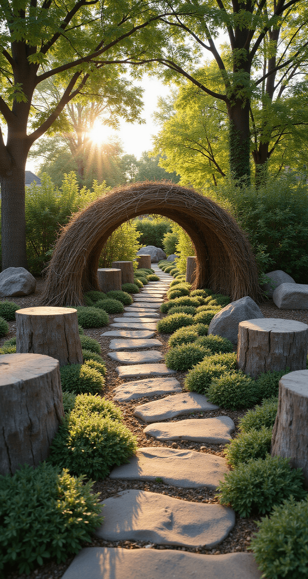 Creating a Family-Friendly Garden: A Playful Outdoor Sanctuary A golden hour view of a sunlit backyard garden featuring weathered oak tree stumps, woolly thyme ground cover, a curved willow tunnel with climbing jasmine, and dappled sunlight filtering through mature maple trees, all captured at child's eye level for a dreamy, enchanted atmosphere.