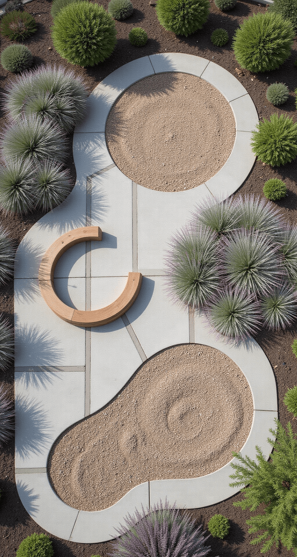 Creating a Family-Friendly Garden: A Playful Outdoor Sanctuary Aerial view of a 40x40ft multi-zone garden featuring a circular gravel patio, natural sandpit bordered by curved cedar benches, and figure-8 scooter track made of geometric concrete pavers, surrounded by drought-resistant ornamental grasses in silver and purple hues, styled in modern minimalist aesthetics with a neutral color palette.