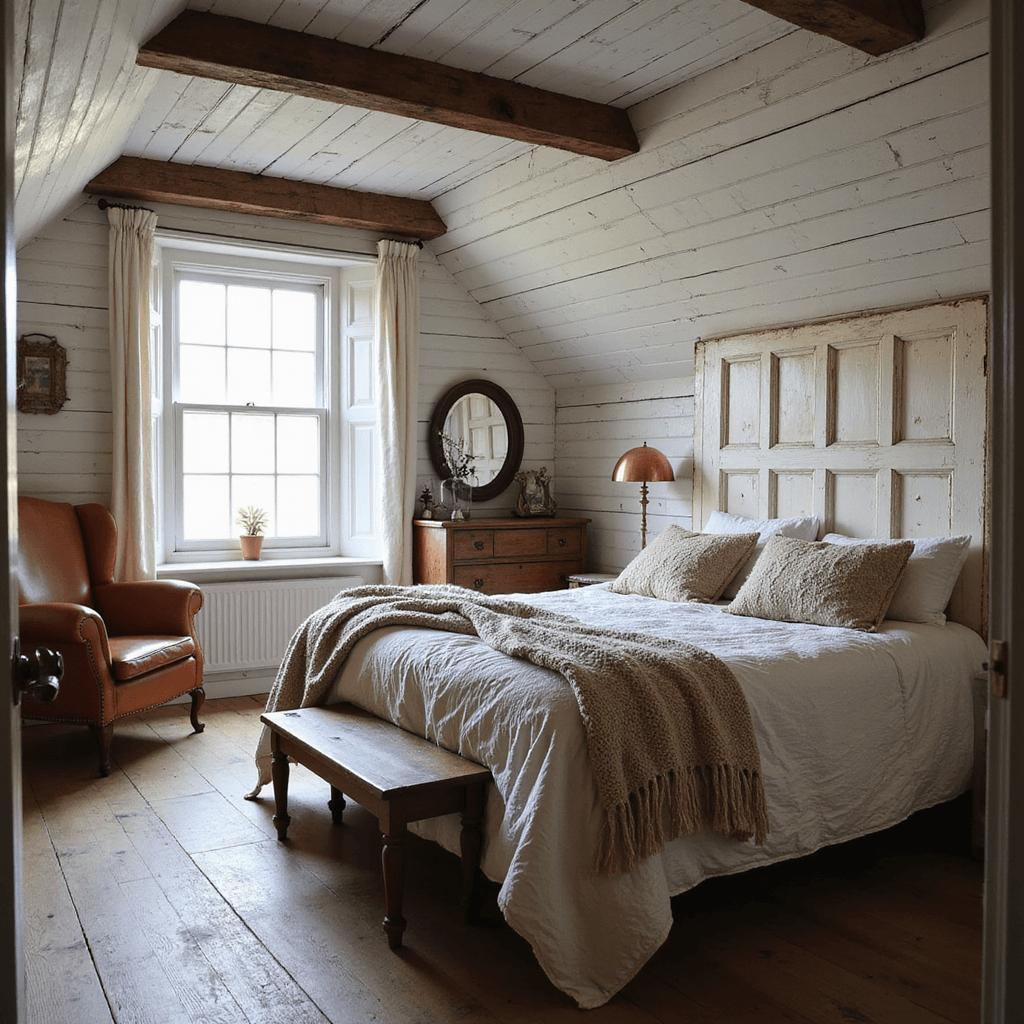 Attic Bedroom Ideas: Transform Your Awkward Space into a Dreamy Retreat A rustic romantic attic bedroom at sunrise, featuring exposed timber beams and whitewashed plank walls. A king bed with a vintage French door headboard is layered with chunky knit throws and quilts. A distressed leather armchair and a copper floor lamp sit nearby, while an antique dresser with a patina mirror adds charm. Early morning light streams through a dormer, enhancing the timeworn European farmhouse ambiance.