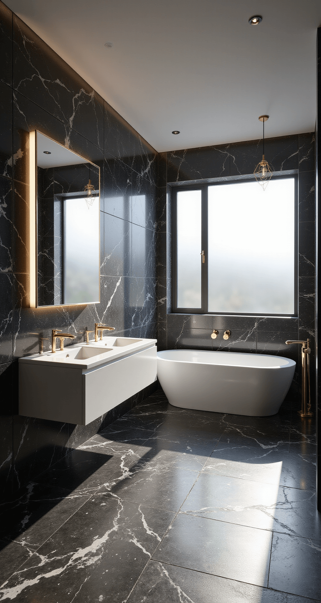 Black Tile Bathrooms: The Ultimate Guide to Dramatic and Sophisticated Design A modern bathroom featuring floor-to-ceiling black marble tiles with white veining, illuminated by morning sunlight through a frosted window. A floating white double vanity with a backlit mirror and gold fixtures is prominent, alongside a freestanding white soaking tub. Geometric pendant lights cast shadows, enhancing the sleek design.