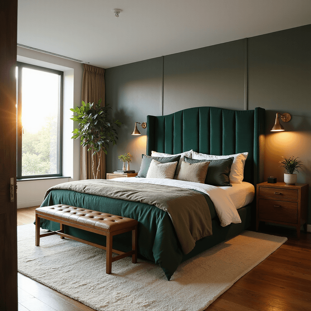 Bedroom Design Ideas 2025: Your Ultimate Guide to Creating a Dreamy Sanctuary A serene primary bedroom featuring a king-size bed with a curved forest green velvet headboard, layered bedding in sage, cream, and charcoal, brass sconces by custom walnut nightstands, and a textured ivory wool rug, all bathed in golden hour light from floor-to-ceiling windows.
