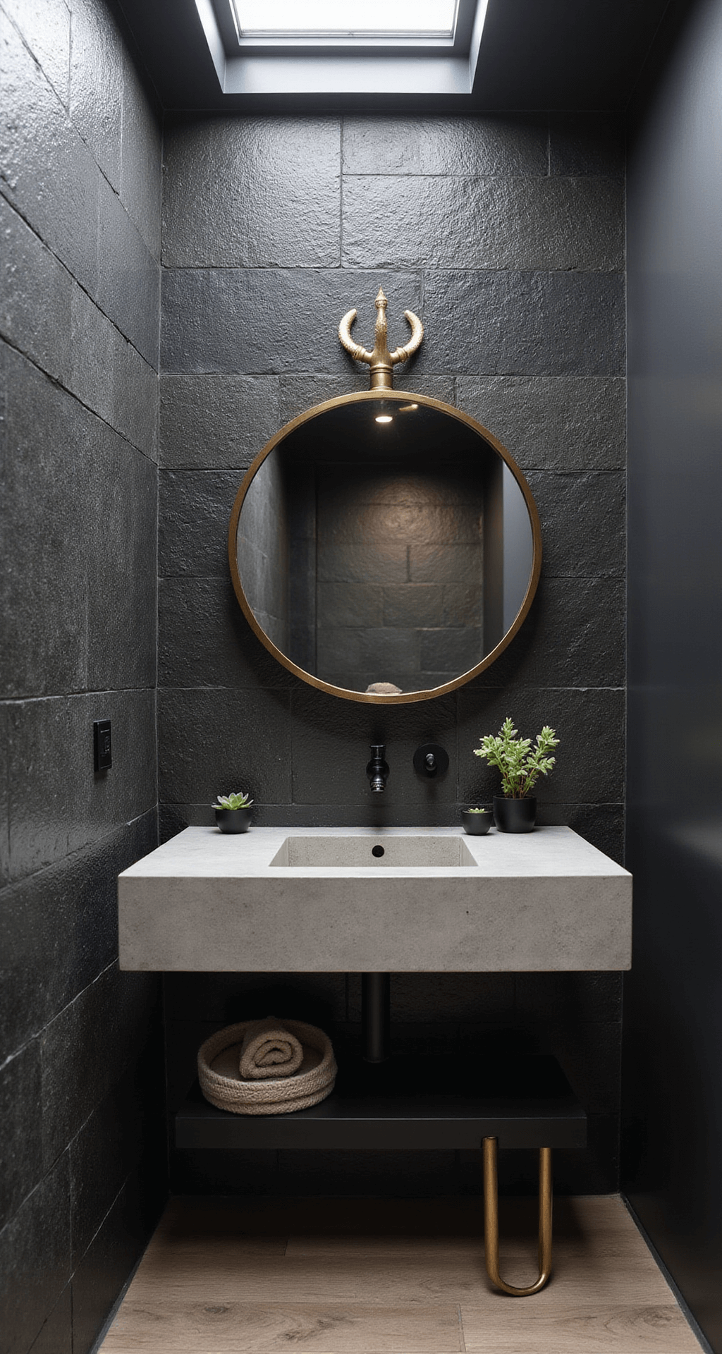 Black Tile Bathrooms: The Ultimate Guide to Dramatic and Sophisticated Design An intimate powder room featuring vertical black slate tiles, a brass-framed round mirror above a concrete vanity, matte black fixtures, and small potted succulents, all illuminated by soft afternoon light from a skylight.