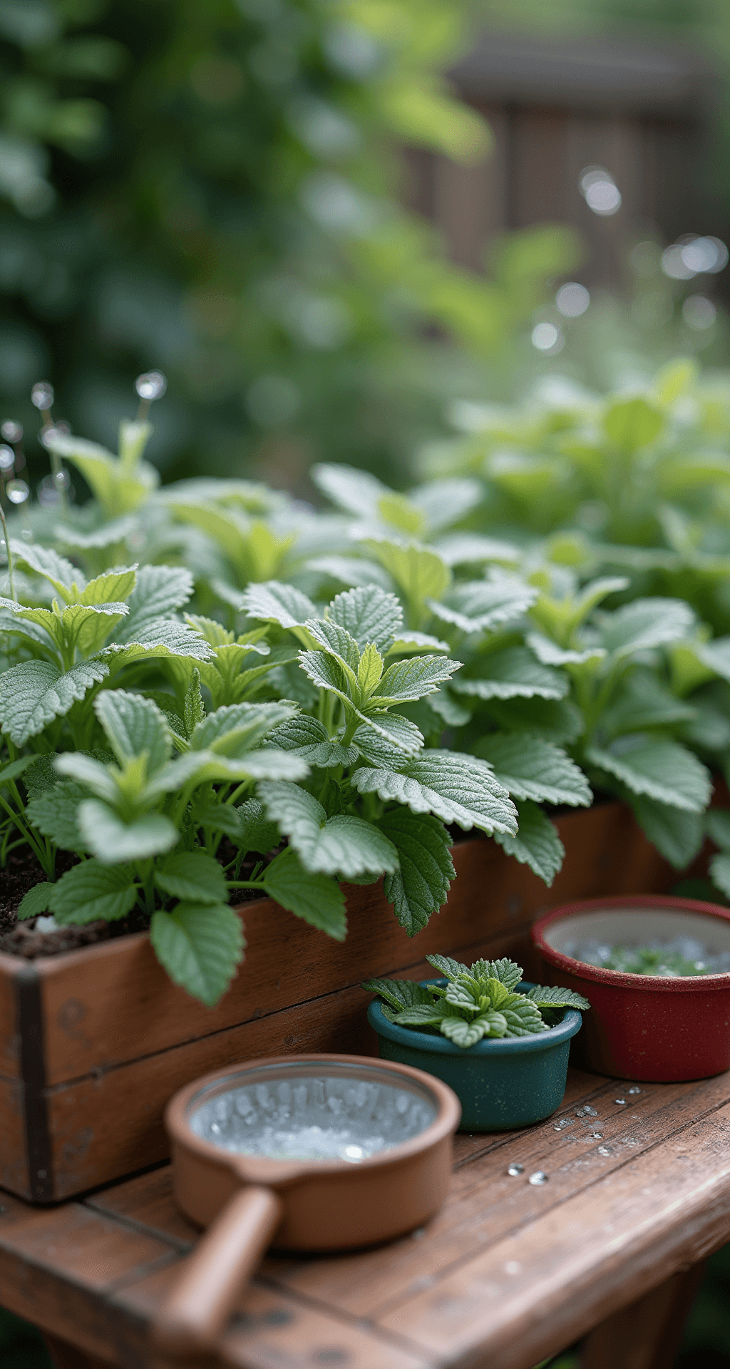 Creating a Family-Friendly Garden: A Playful Outdoor Sanctuary Close-up of a garden sensory play area in the morning, featuring dew-covered lamb's ear plants, a raised cedar planter with strawberries and mint, and a child-sized wooden work table with collecting baskets and magnifying glasses, illuminated by soft light that highlights the textures of the plants and water droplets.