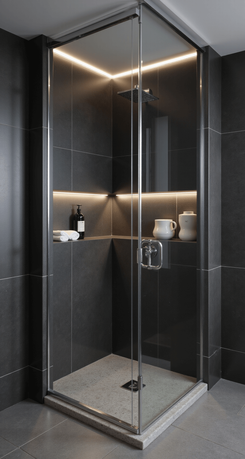 Black Tile Bathrooms: The Ultimate Guide to Dramatic and Sophisticated Design A spacious shower enclosure featuring matte black porcelain tiles, recessed LED strip lighting, glass doors, and chrome fixtures, viewed from a high corner angle with subtle steam atmosphere.