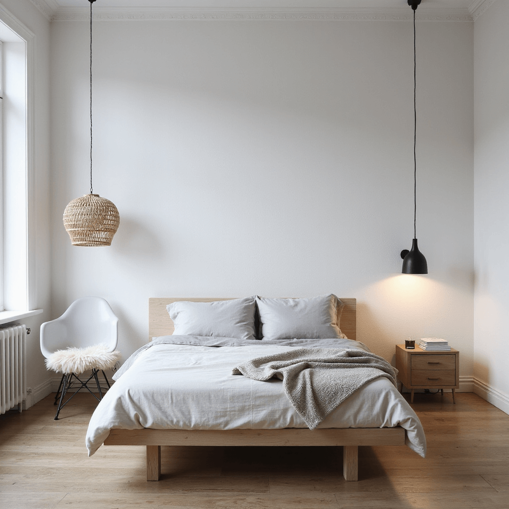 Bedroom Design Ideas 2025: Your Ultimate Guide to Creating a Dreamy Sanctuary A cozy Scandinavian-inspired bedroom at dawn with a minimalist bleached oak platform bed, dressed in white linen. The room features a textured white wall, a matte black floor lamp, a rattan pendant light, built-in floating nightstands, and a reading nook with a ghost chair and sheepskin throw. Soft morning light enhances the clean lines and vertical space, creating an ethereal atmosphere.