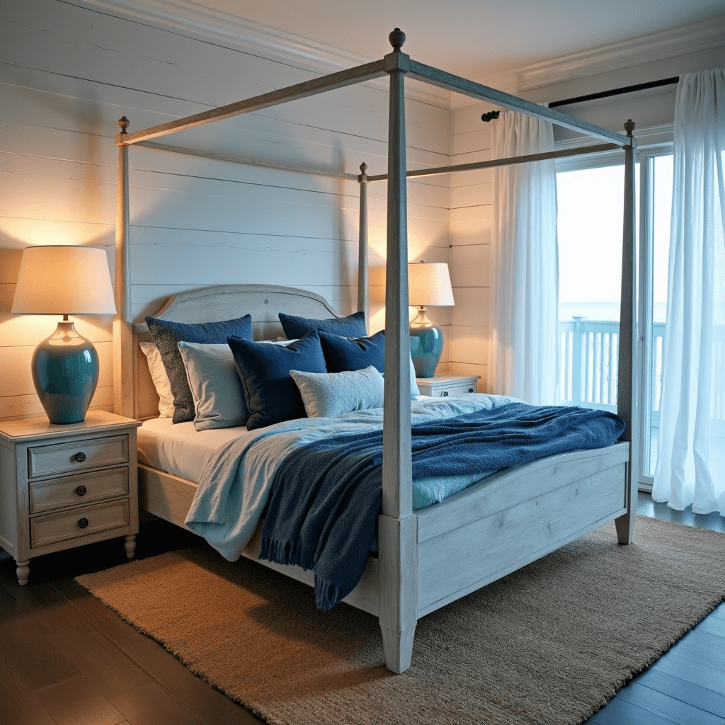 Bedroom Design Ideas 2025: Your Ultimate Guide to Creating a Dreamy Sanctuary A coastal-inspired master suite at twilight featuring a weathered white four-poster bed dressed in layered blues, whitewashed wood paneling, a seagrass rug, oversized ceramic lamps, and sheer white curtains, captured from a corner angle to highlight depth and a dreamy seaside atmosphere.