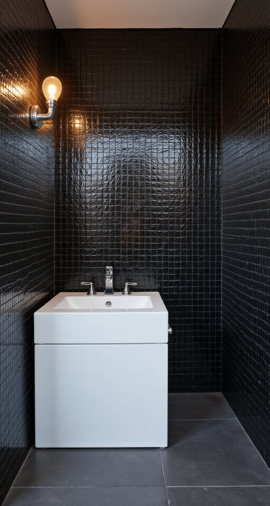 Black Tile Bathrooms: The Ultimate Guide to Dramatic and Sophisticated Design Contemporary bathroom with black glass mosaic tiles reflecting evening light, a white freestanding vanity with a waterfall countertop, and dramatic sconces illuminating the tiled accent wall.