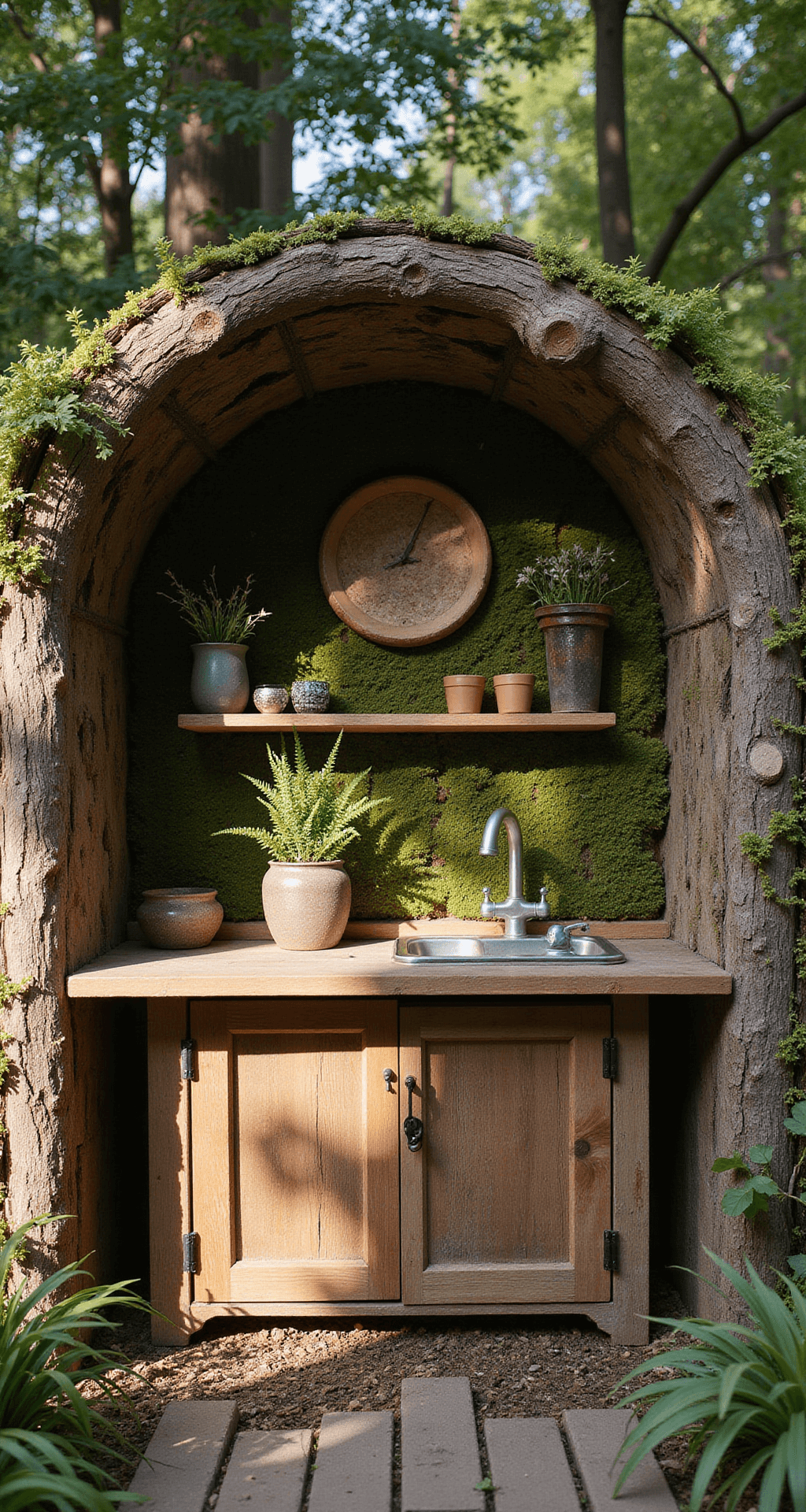 Creating a Family-Friendly Garden: A Playful Outdoor Sanctuary Detail shot of a whimsical children's garden nook featuring a mud kitchen with a reclaimed sink and wood counters, framed by a natural branch archway and illuminated by late afternoon light, highlighting the textures of bark, stone, and foliage in an earthy palette.