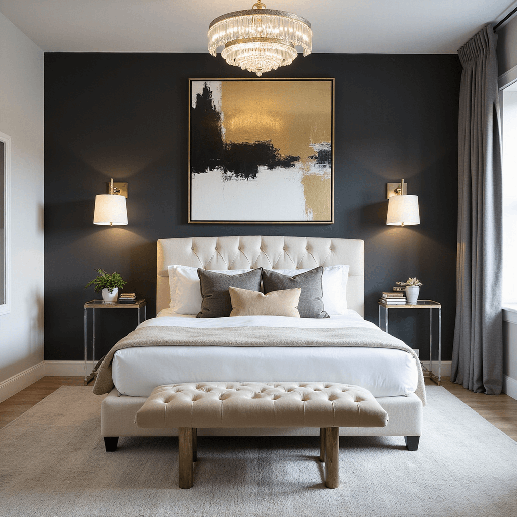 Bedroom Design Ideas 2025: Your Ultimate Guide to Creating a Dreamy Sanctuary A luxurious boutique hotel-inspired bedroom featuring a dark charcoal statement wall, a cream bouclé channel-tufted bed, oversized abstract art in gold, black, and white, elegant Lucite and brass side tables, a champagne velvet upholstered bench, layered lighting with a crystal chandelier and modern task lamps, and controlled natural light from motorized sheers.