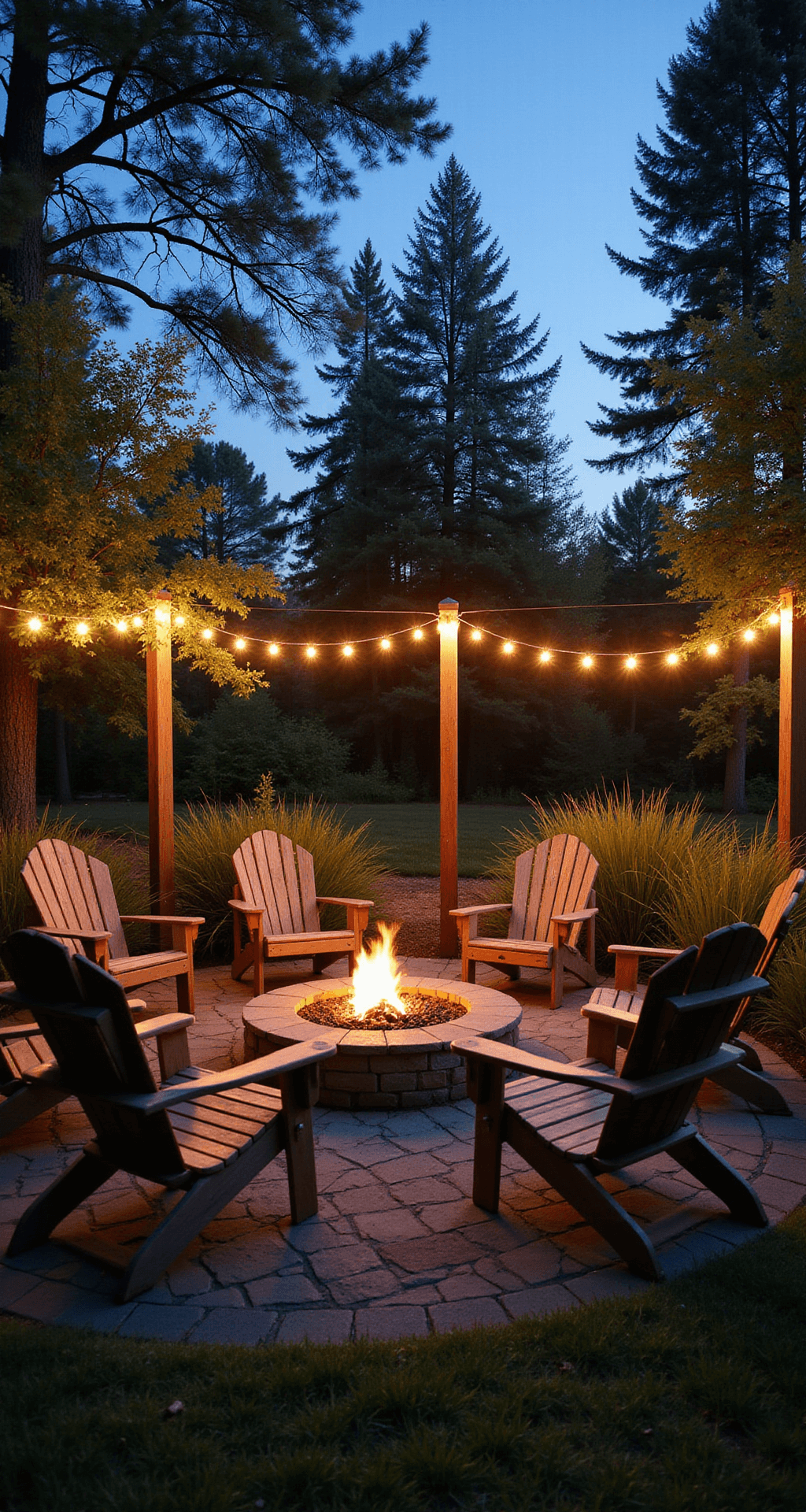 Creating a Family-Friendly Garden: A Playful Outdoor Sanctuary A cozy family entertainment space during twilight, featuring string lights overhead, Adirondack chairs around a fire pit, and children's play zones, with warm artificial lighting contrasting the cool blue hour ambiance.