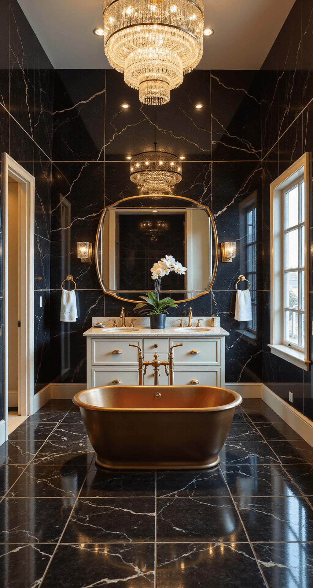 Black Tile Bathrooms: The Ultimate Guide to Dramatic and Sophisticated Design Luxurious master bathroom with glossy black marble tiles featuring gold veining, a crystal chandelier, cream double-vanity with gold hardware, a freestanding copper soaking tub, fresh white orchids, and plush textiles, captured during golden hour.
