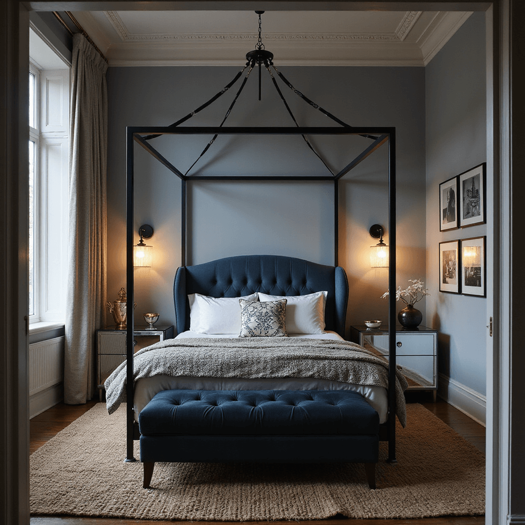 Bedroom Design Ideas 2025: Your Ultimate Guide to Creating a Dreamy Sanctuary Transitional 16x14ft bedroom at dusk featuring a slate blue velvet wingback headboard, modern metal canopy frame, mixed brass and chrome accents, vintage Persian rug on sisal, and an asymmetrical gallery wall of black and white photography, illuminated by dimmable sconces and cove lighting.