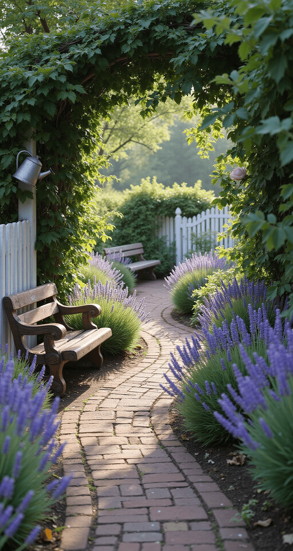 Lavender Gardens: Create a Stunning and Fragrant Landscape A low-angle view of a curved, weathered brick pathway in a cottage garden, bordered by lush English and French lavender under morning light, with a white picket fence and climbing roses. Vintage zinc watering cans and aged wooden benches add charm, while morning dew glistens on lavender buds, creating a romantic and ethereal atmosphere.