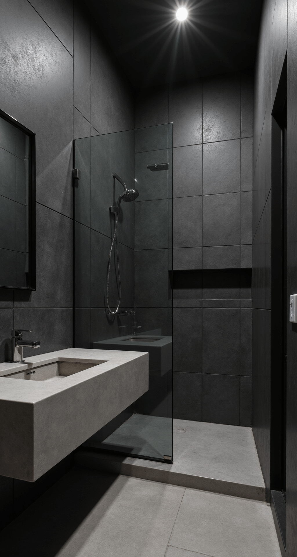 Black Tile Bathrooms: The Ultimate Guide to Dramatic and Sophisticated Design A minimalist bathroom featuring large-format matte black porcelain tiles, recessed LED lighting, a floating concrete vanity with an integrated sink, black shower glass, and hidden storage solutions, all in a monochromatic palette with varying textures.