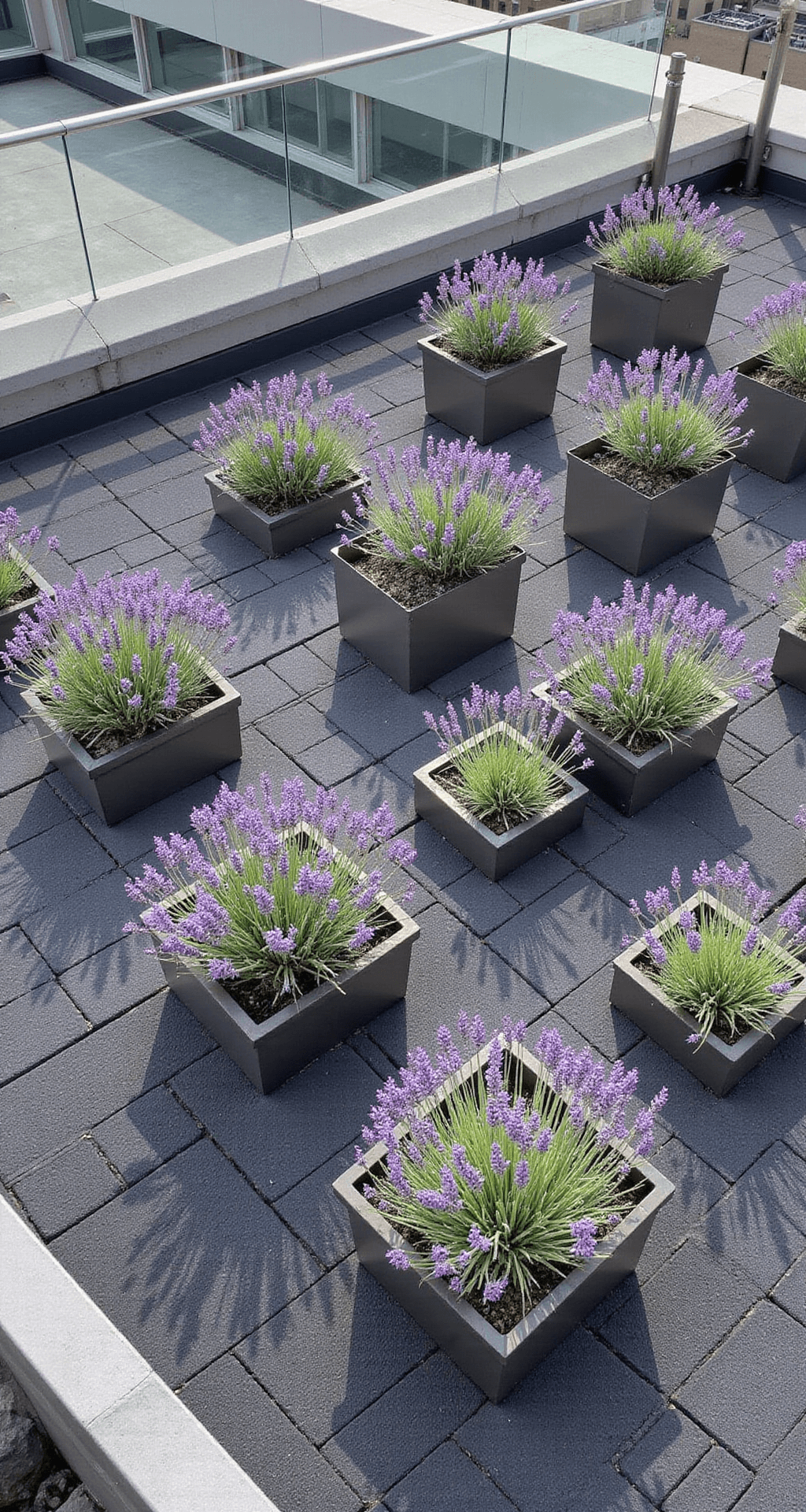 Lavender Gardens: Create a Stunning and Fragrant Landscape A contemporary urban rooftop garden features geometric steel planters filled with manicured lavender balls, surrounded by minimalist concrete seating. Charcoal gray decking provides a striking contrast to the purple and silver foliage, while a glass balustrade reflects city views. The image is shot from a corner angle, showcasing the grid pattern and architectural elements in bright, even lighting.
