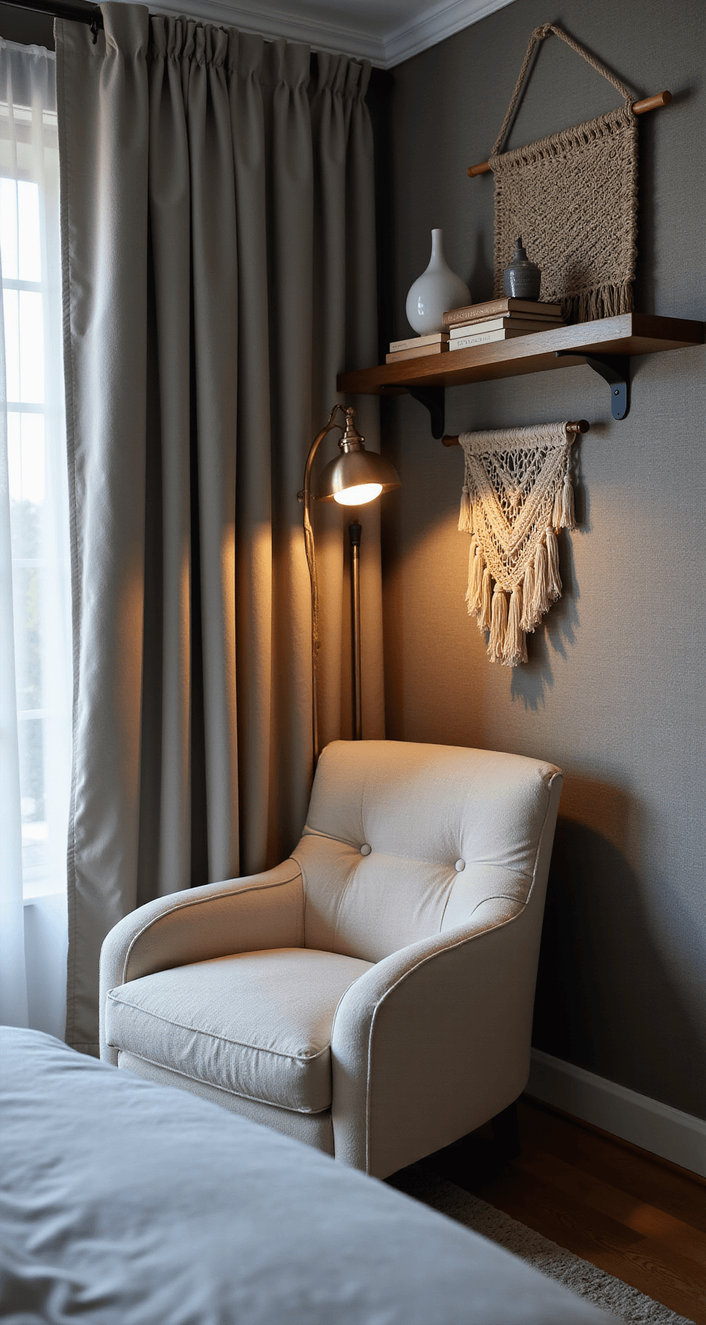 Create Your Perfect Bedroom Sanctuary: A Comprehensive Decor Guide A cozy bedroom corner vignette featuring a plush oatmeal bouclé armchair in a curved reading nook, illuminated by a modern brass arc lamp. Textured grasscloth wallpaper in warm gray serves as a backdrop, complemented by a macramé wall hanging above a walnut shelf holding vintage books and ceramic vessels. Sheer linen curtains softly filter the blue hour light.