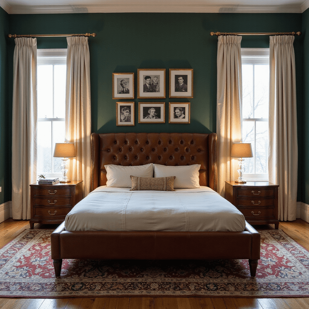 Bedroom Ideas for Men: Design a Sophisticated Sanctuary That Screams Success A classic sophisticated bedroom with rich mahogany furniture, tufted leather headboard, and brass-accented nightstands, featuring a forest green accent wall with a gallery of black and white photographs in gold frames, ivory silk drapes, a vintage Persian rug, and crystal table lamps, shot straight-on to emphasize symmetry and elegance during dusk.