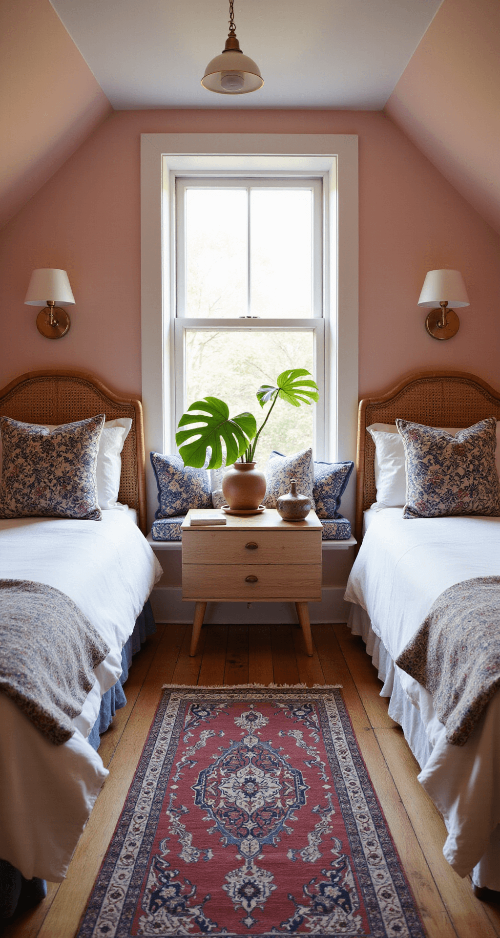 Create Your Perfect Bedroom Sanctuary: A Comprehensive Decor Guide Cozy guest bedroom at sunset featuring twin beds with rattan headboards, blush pink walls, a vintage Persian runner, a window seat with Liberty print cushions, brass sconces, a potted fiddle leaf fig, a bleached oak floating nightstand, and a contemporary ceramic lamp, all captured with a dreamy atmosphere.