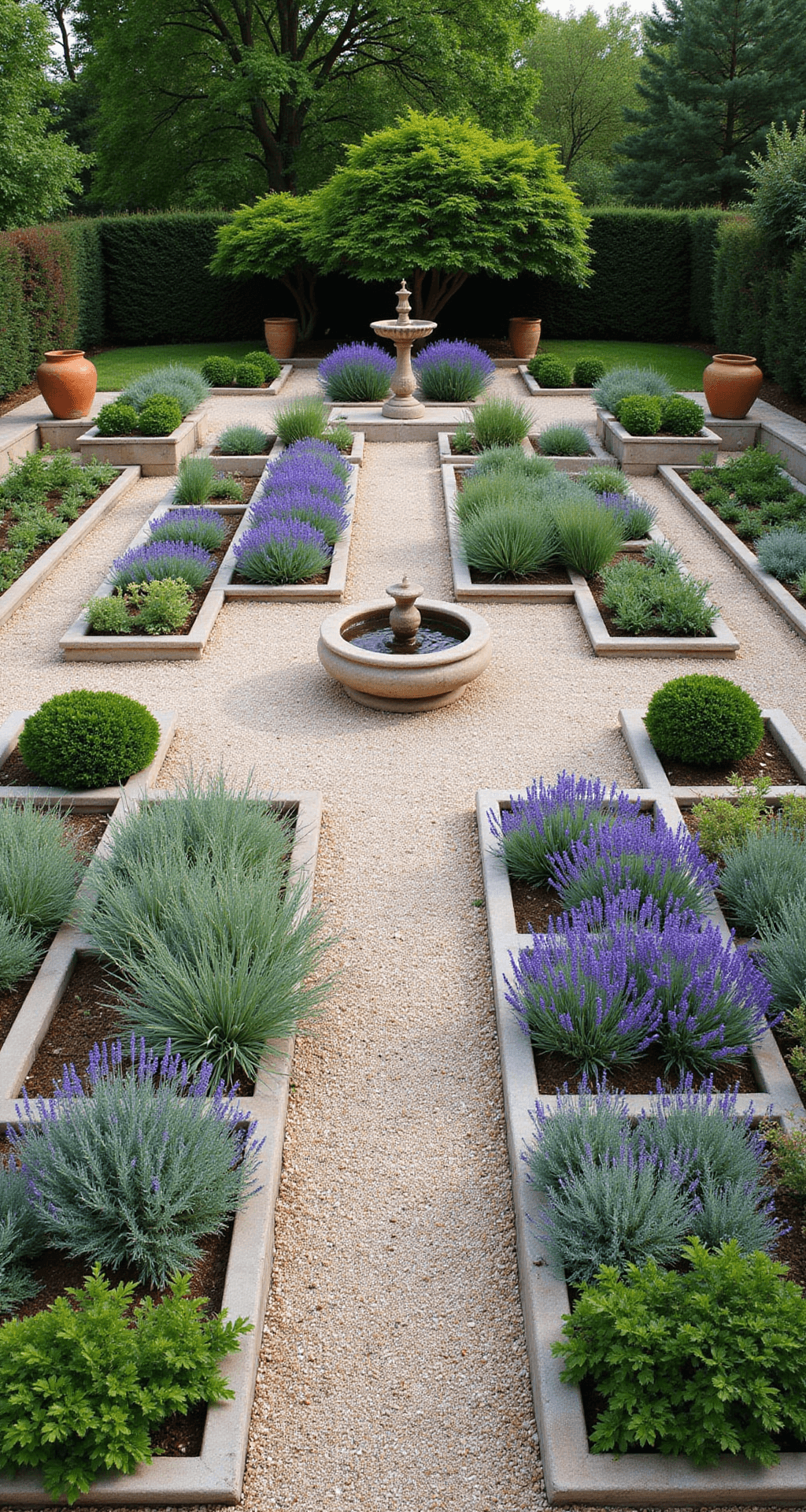 Lavender Gardens: Create a Stunning and Fragrant Landscape A bird's eye view of a formal Mediterranean herb garden featuring raised limestone beds arranged in a classical pattern, filled with lavender, rosemary, and thyme. A central fountain serves as a focal point, while gravel paths separate the beds and terracotta pots mark the corners, all illuminated by crisp morning light at 9am.