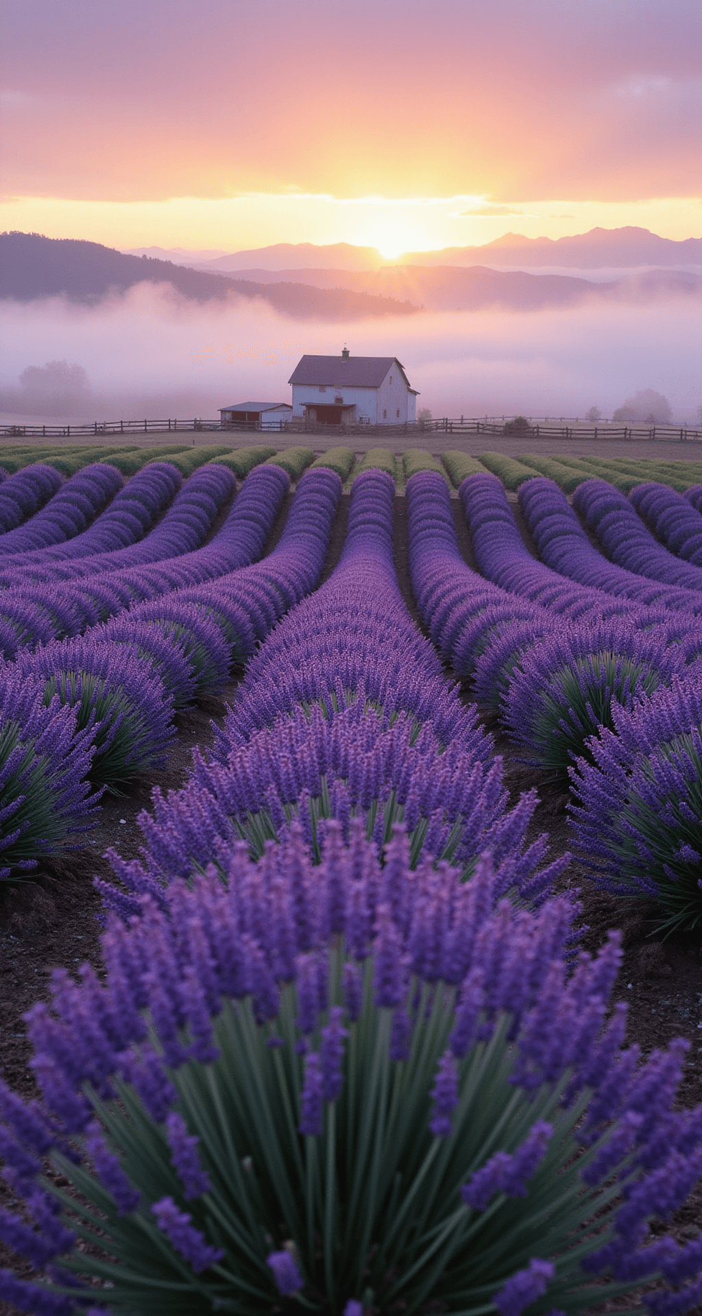 Lavender Gardens: Create a Stunning and Fragrant Landscape A serene dawn at a lavender farm with endless rows of purple blooms shrouded in morning mist, a rustic wooden fence and distant barn in view, with silhouetted mountains in the background and ethereal lighting enhancing the scene.